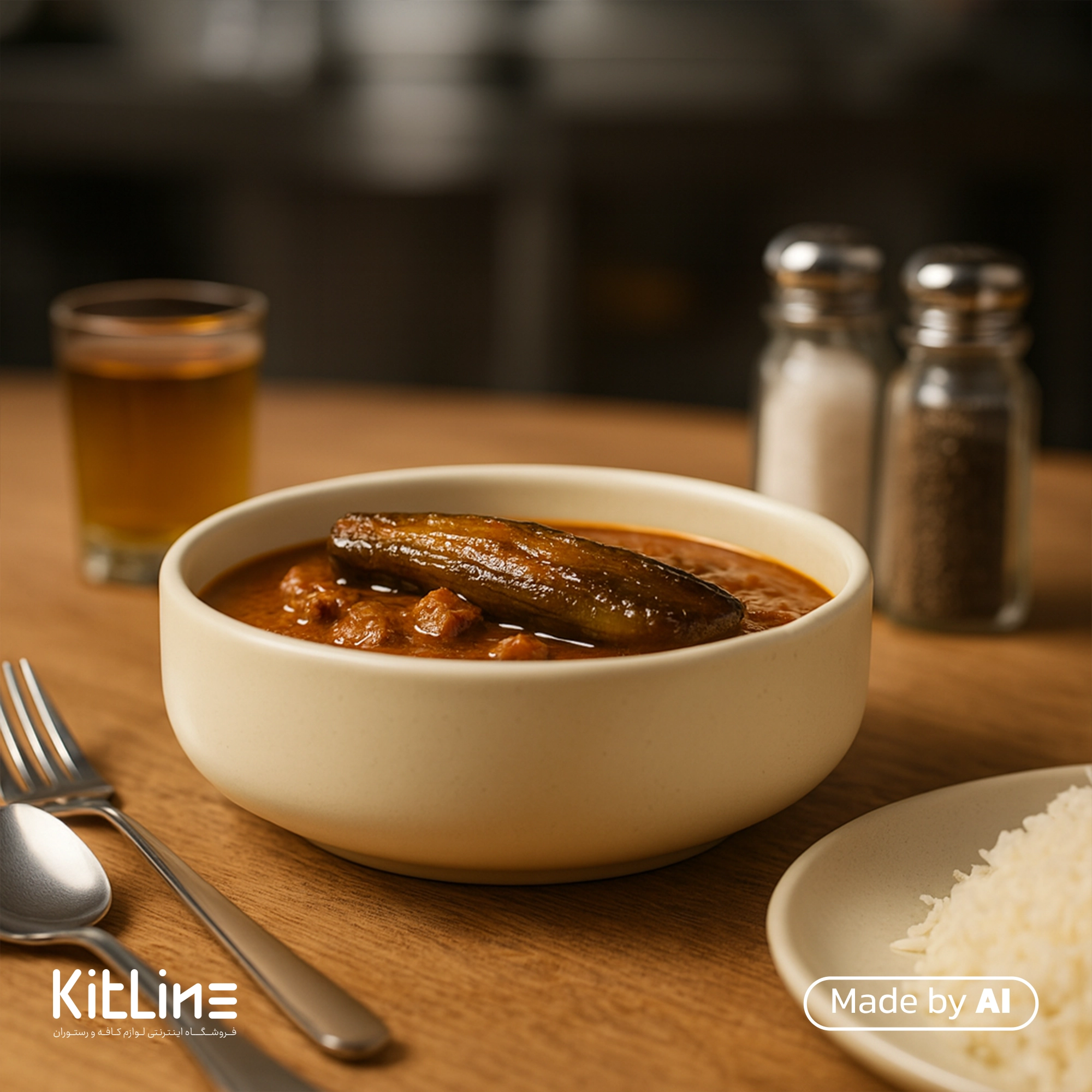 کاسه سرامیکی ۲۰ سانتیمتری سبز پاستیلی دوریکا که در آن خورشت قیمه بادمجان سرو شده است.