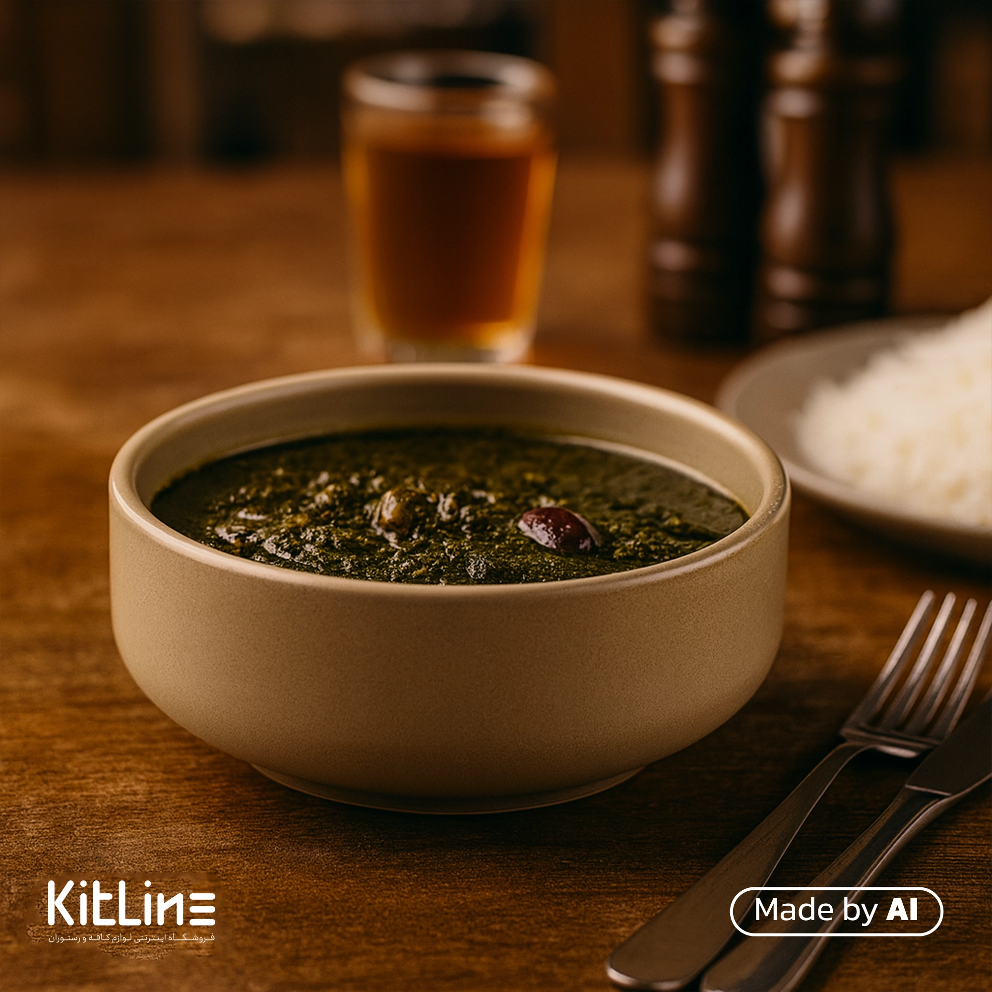 کاسه سرامیکی ۲۰ سانتیمتری کرم مات دوریکا که در آن خورشت قرمه سبزی ریخته شده است.