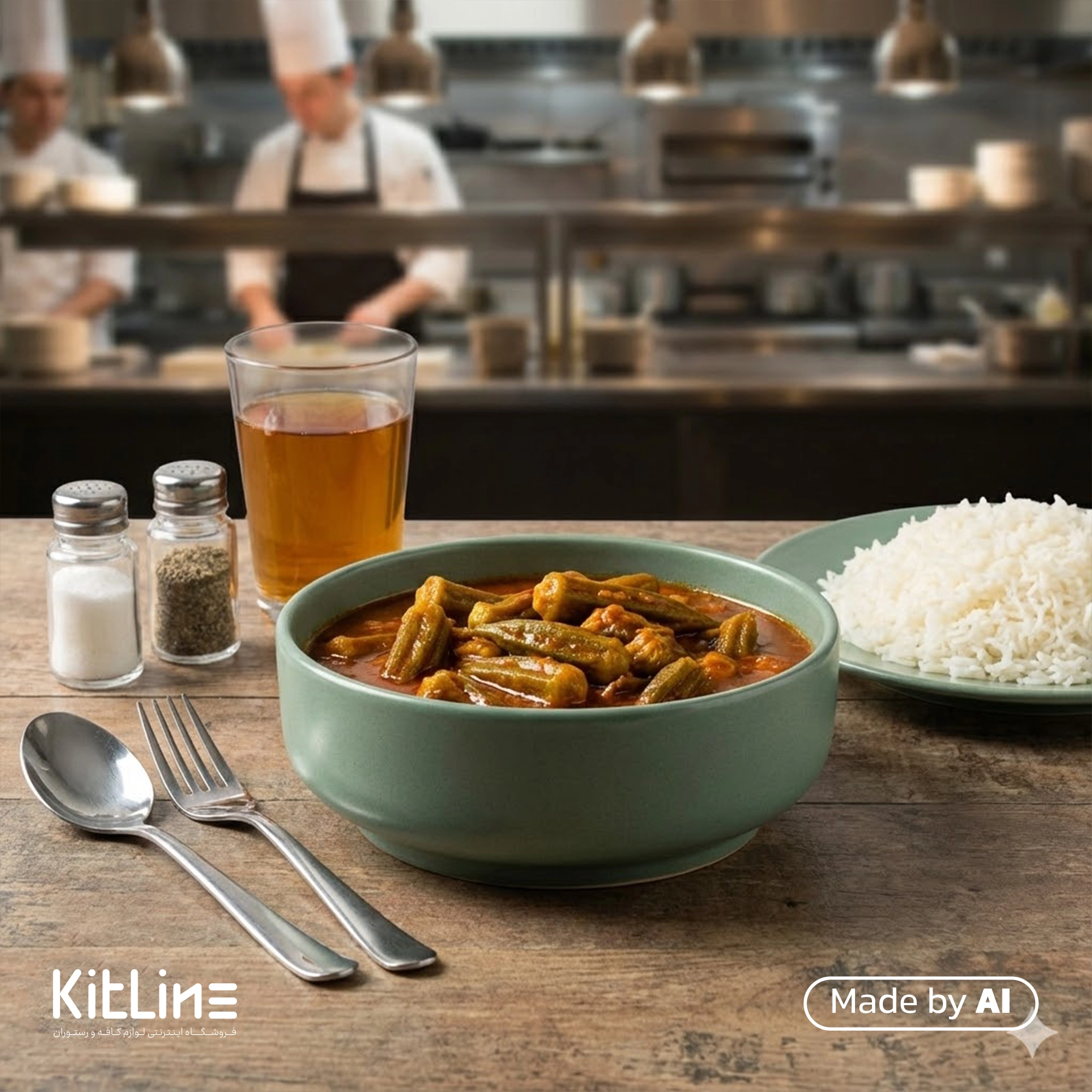 کاسه سرامیکی ۲۰ سانتیمتری یشمی مات دوریکا که در آن خورش بامیه سرو شده است.