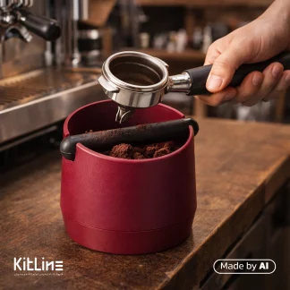 خالی کردن تفاله قهوه پرتافیلتر داخل ناک باکس پلاستیکی زرشکی ۱۵ سانتیمتری ‌Barista space