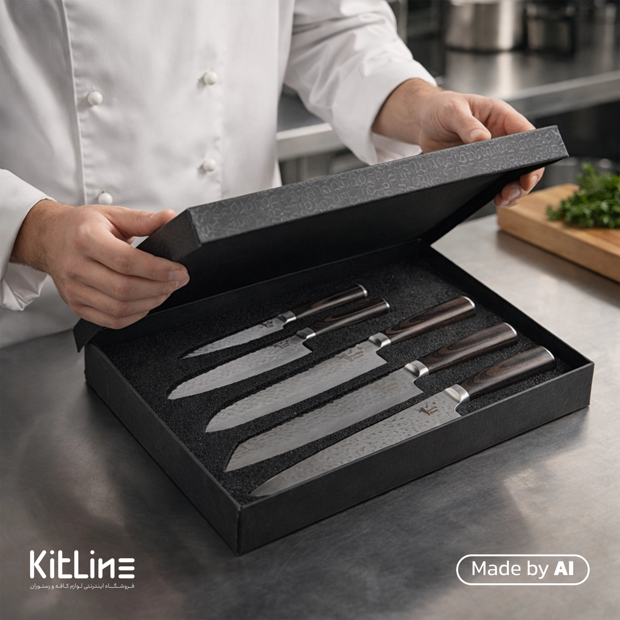 ست چاقو ۵ پارچه با تیغه فولادی مدل SWPRO5 کوکینگ فلیم (Cooking Flame) در دستان سراشپز اشپزخانه صنعتی