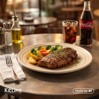 استیک با دورچین سبزیجات داخل بشقاب پرسلین ۳۰ سانتیمتری کرم آرتیزان مدل رینگ