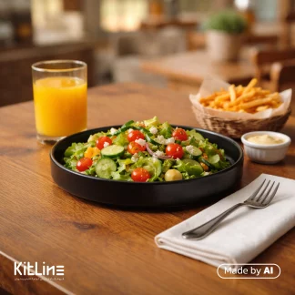 سالاد داخل بشقاب لبه دار پرسلین ۲۴ سانتیمتری مشکی آرتیزان مدل کفا کنار آب پرتقال