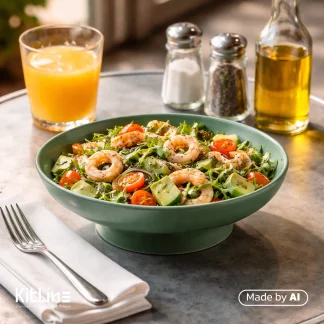 سالاد میگو داخل ظرف سالاد پایه دار پرسلین ۲۳ سانتیمتری سبز آرتیزان