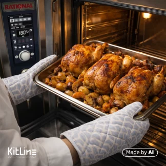 قرار دادن مرغ بریون با دورچین در فر رشنال با دستکش فر لایکو مدل نازیک یاسی جفتی