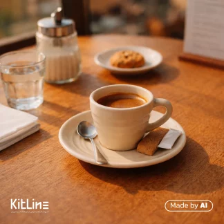 قهوه داخل فنجان و نعلبکی اسپرسو پرسلین ۱۰۰ میلی لیتری کرم آرتیزان مدل رینگ با کوکی