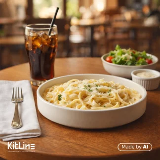 پاستا داخل بشقاب لبه دار پرسلین ۲۴ سانتیمتری سفید آرتیزان مدل کفا