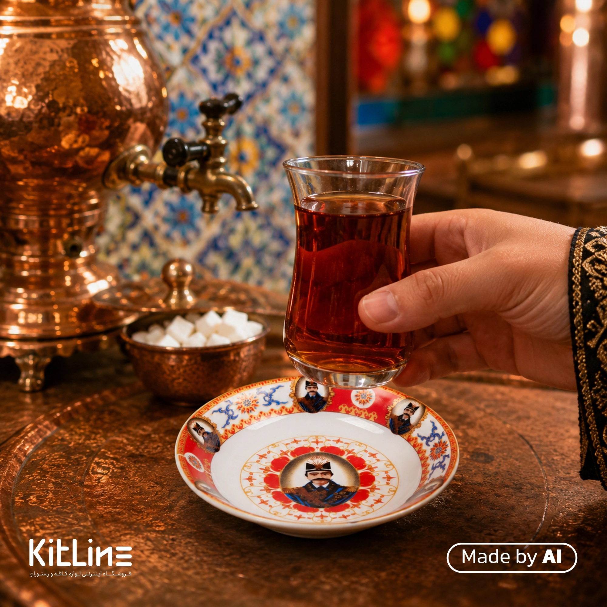 نعلبکی چینی واتسون طرح شش ناصری با حاشیه رنگ قرمز (ست ۶ عددی) - تصویر 2