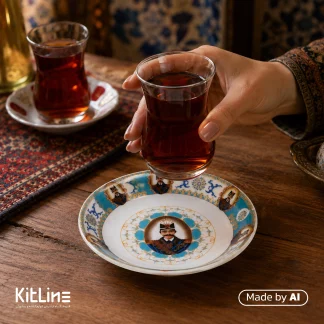 نعلبکی چینی واتسون طرح شش ناصری با حاشیه فیروزه ای (ست ۶ عددی)