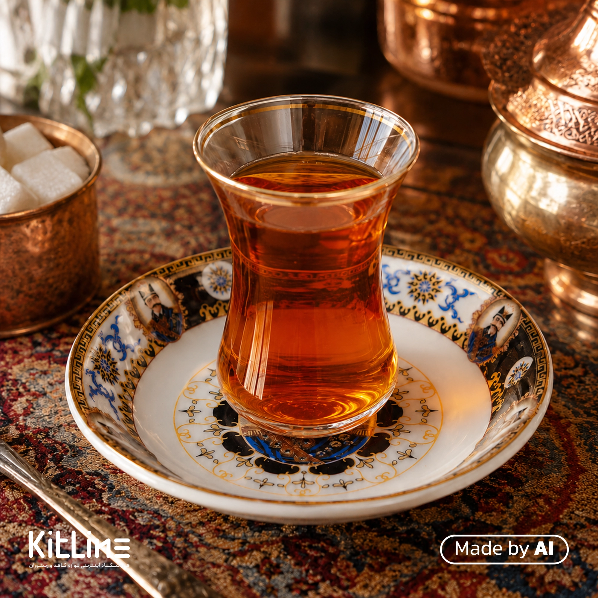 نعلبکی چینی واتسون طرح شش ناصری با حاشیه مشکی (ست ۶ عددی) - تصویر 2