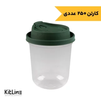 ‏لیوان یکبار مصرف شفاف همراه درب سبز ۳۶۰ میلی‌ لیتری پلی پروپیلن مدل چیلو طب پلاستیک (کارتن ۲۵۰ عددی)