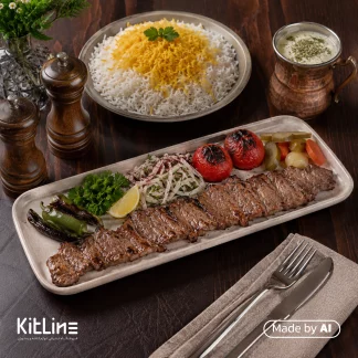 سرو چنجه در ‏دیس مستطیل ۵۰ سانتیمتری ملامین کرم Fede Group طرح سرامیکی