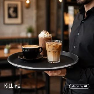 سرو شیک و ایس کافی در لیوان شیشه ای روی ‏سینی ضد سُر گرد لبه استیل ۳۵ سانتیمتری