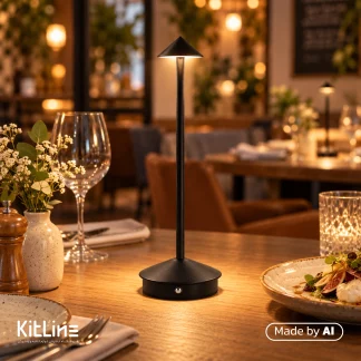 ‏آباژور رومیزی شارژی مشکی مدل پیرامید روی یک میز رستوران